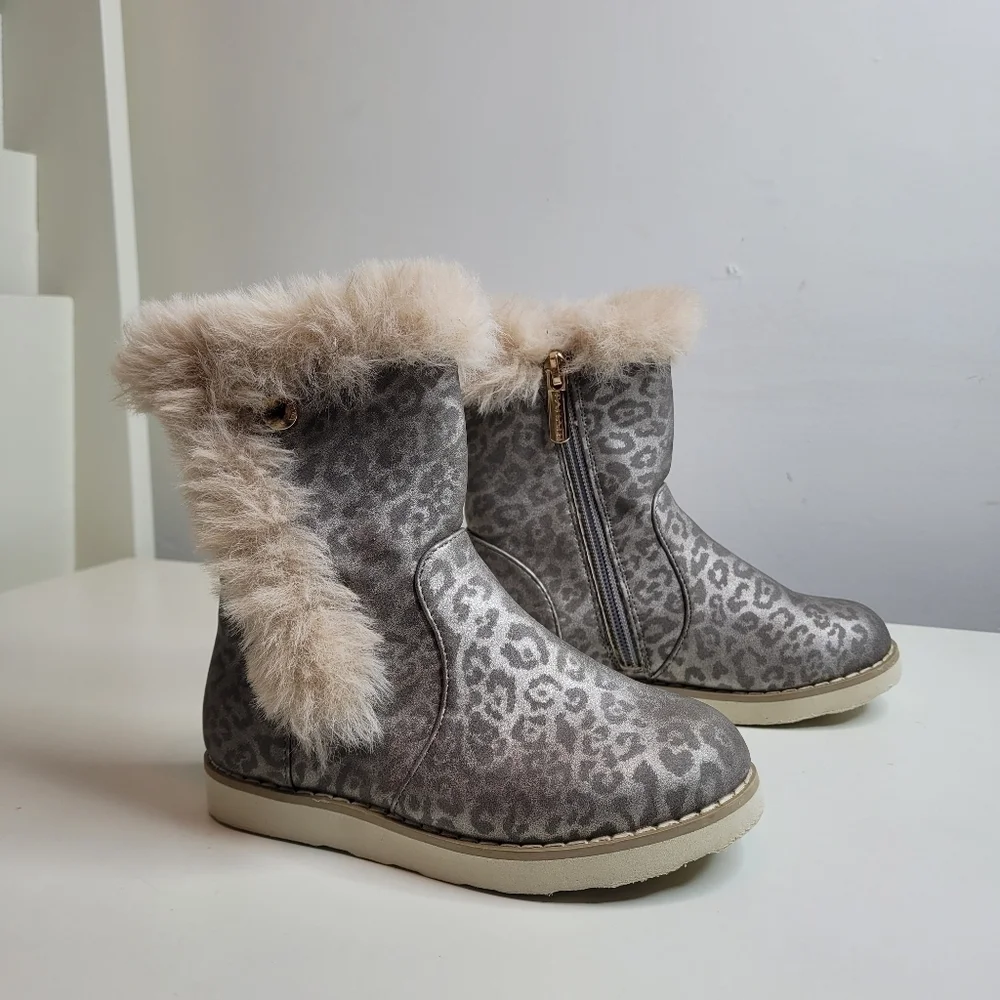 Tahari Gray Leopard Print Faux Fur Side Zip Bootie Size Girl's 10
